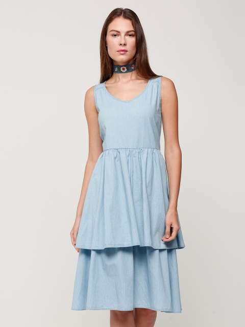 

Splash Women Blue Solid Layered Denim Fit & Flare Dress