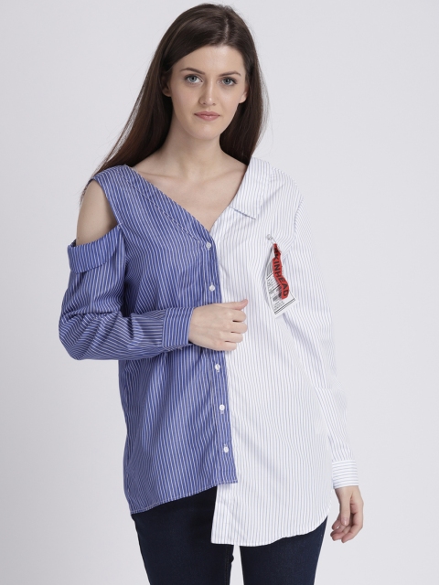 

Splash Women White & Blue Striped Shirt Style Top