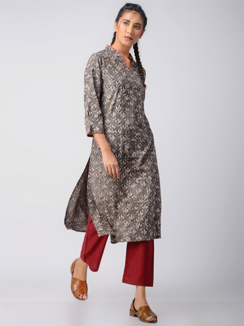

ANAN Women Taupe & Black Printed Straight Kurta