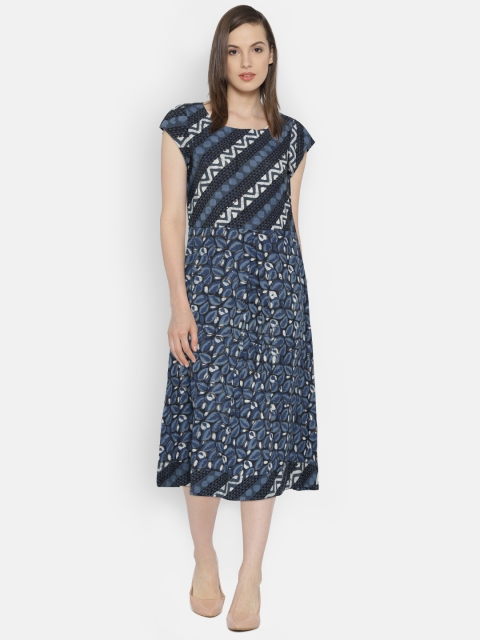 

ANAN Women Blue Printed Midi Fit & Flare Dress