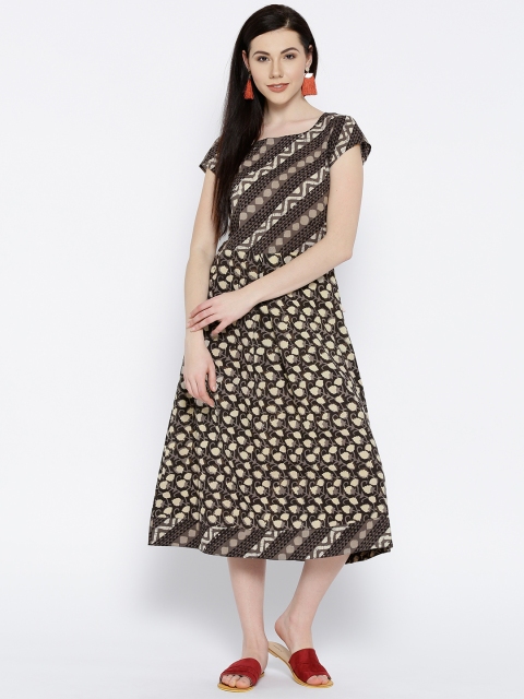 

ANAN Women Coffee Brown & Beige Block Print A-Line Dress