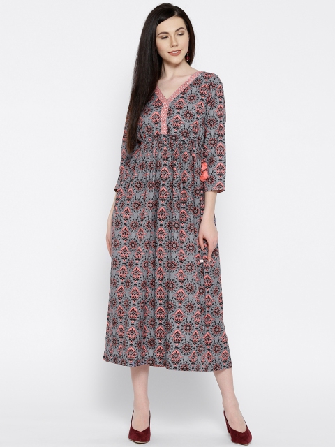 

ANAN Women Grey & Pink Printed Midi Fit and Flare Dress