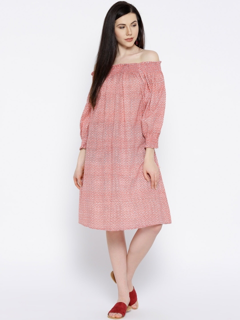 

ANAN Women Coral Pink & White Printed A-Line Dress