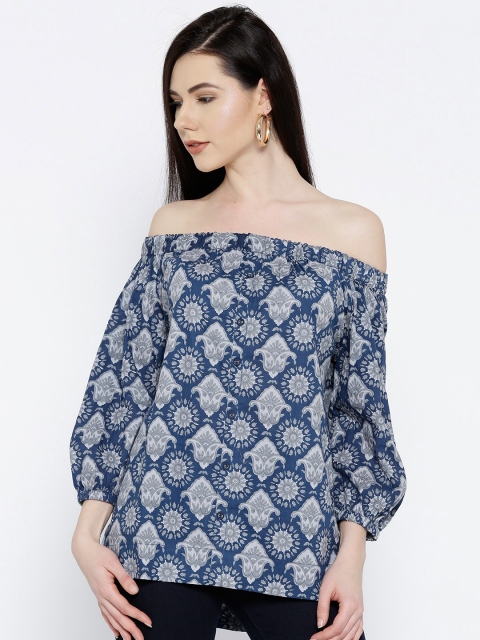 

ANAN Women Blue Printed Bardot Top