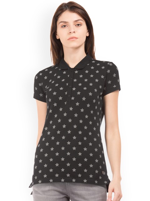 

U.S. Polo Assn. Women Black Printed Polo Collar T-shirt