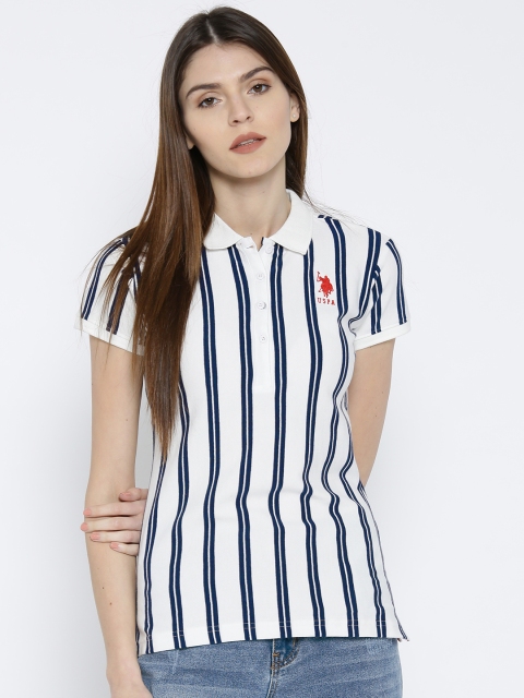 

U.S. Polo Assn. Women Off-White and Blue Striped Polo Collar T-shirt