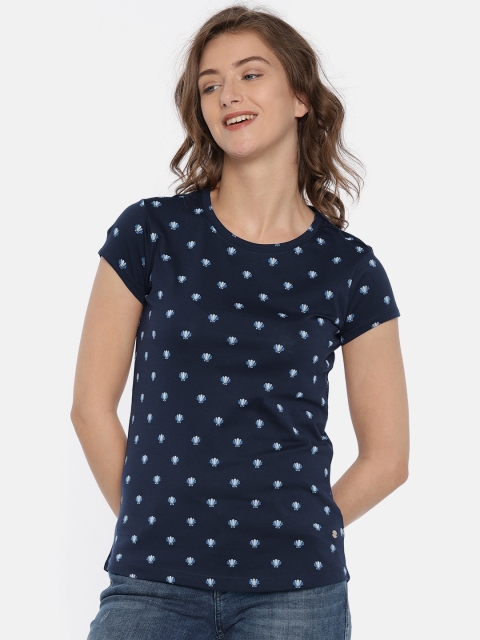 

U.S. Polo Assn. Women Navy Blue Pure Cotton Printed Round Neck Pure Cotton T-shirt