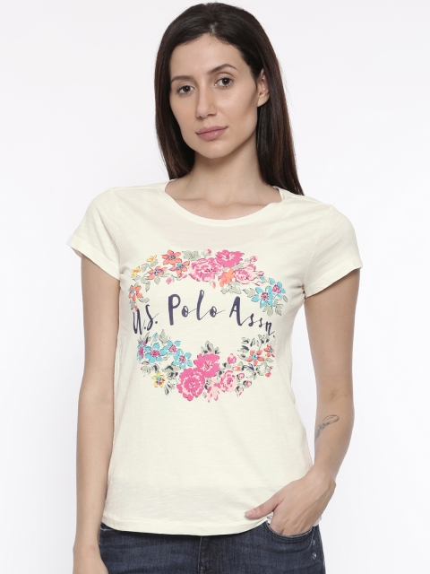 

U.S. Polo Assn. Women Off-White Printed Round Neck T-shirt