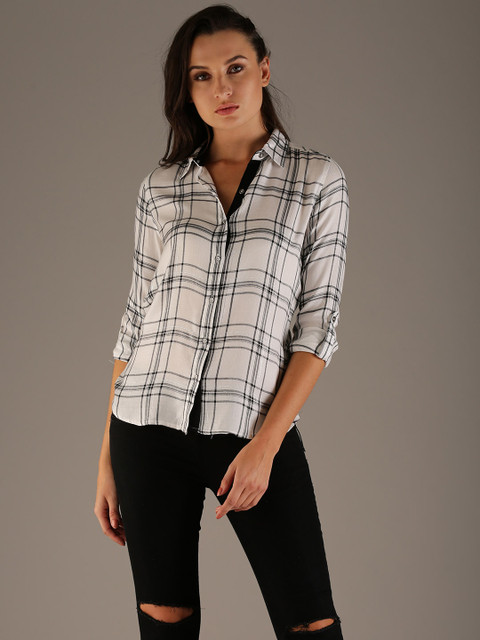 

Flying Machine Women White & Black Regular Fit Checked Casual Shirt
