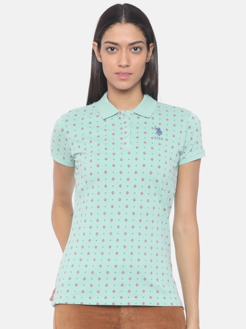 

U.S. Polo Assn. Women Women Green Printed Polo Collar T-shirt