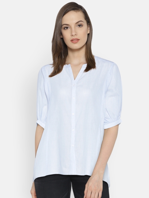 

U.S. Polo Assn. Women Blue Semi-Sheer Striped Shirt Style Pure Cotton Top