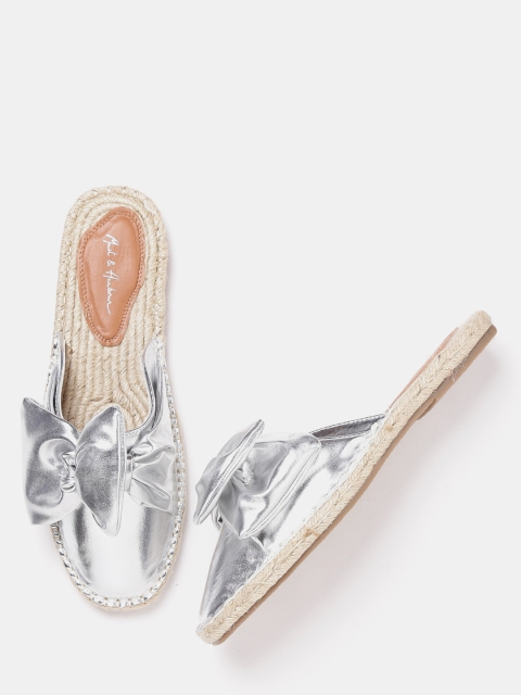 

Mast & Harbour Women Silver-Toned Solid Espadrille Mules with Bow Detail
