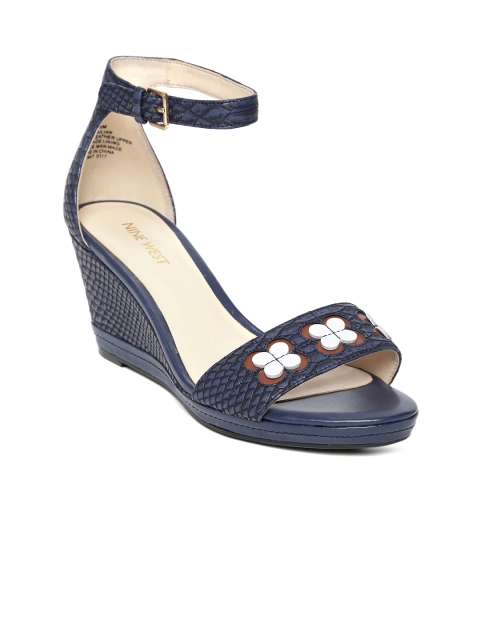 

Nine West Women Navy Blue Leather Textured Wedges