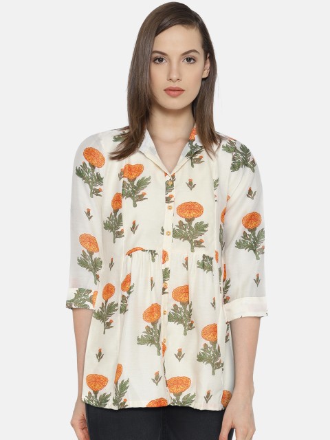 

Rangriti Women Cream-Coloured & Orange Printed Casual Shirt