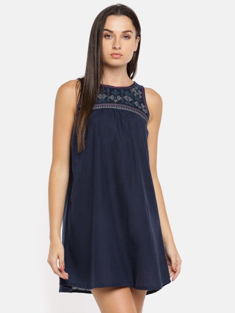 

People Women Navy Solid A-Line Dress, Navy blue