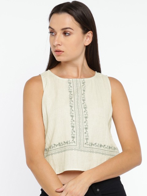 

People Women Off-White Printed Crop Top
