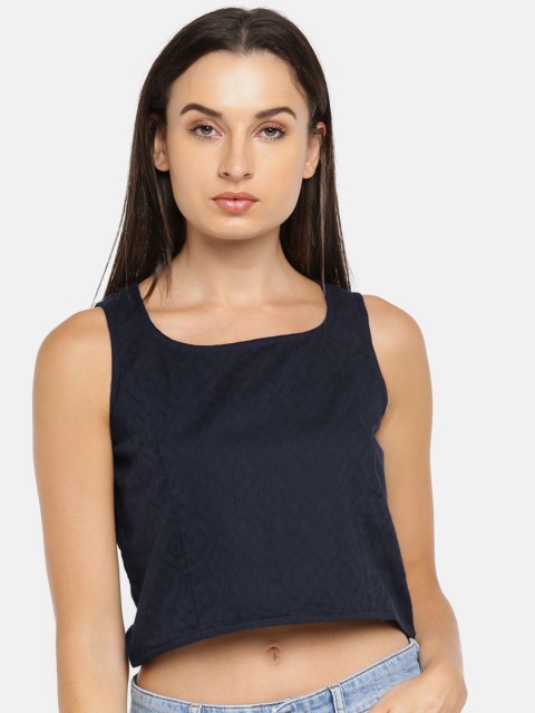 

People Women Navy Self Design Crop Top, Navy blue