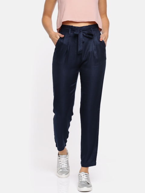 

People Women Navy Straight Fit Solid Regular Trousers, Navy blue