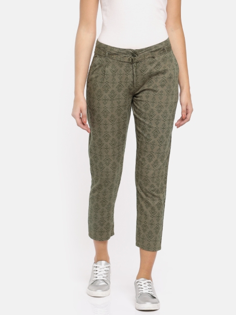 

People Women Olive Green Straight Fit Printed Regular Trousers