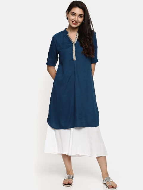 

People Women Blue Solid A-Line Kurta