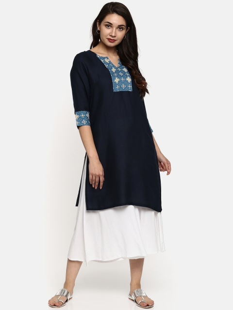 

People Women Navy Blue Yoke Design Straight Kurta