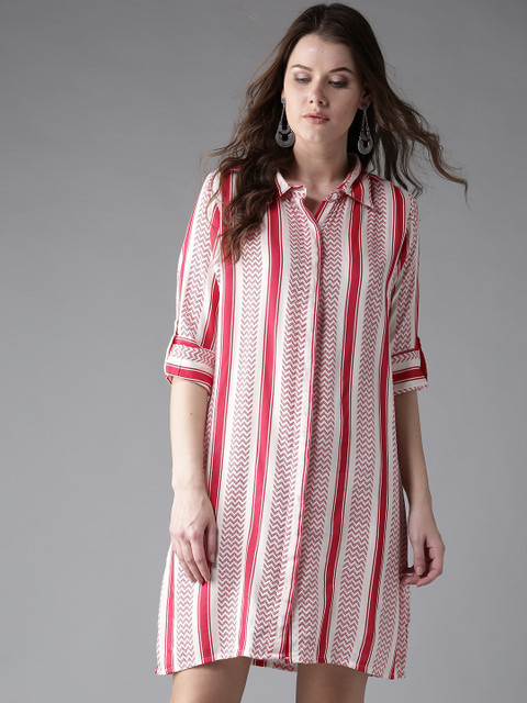 

HERE&NOW Women Red & White Striped Shirt Dress