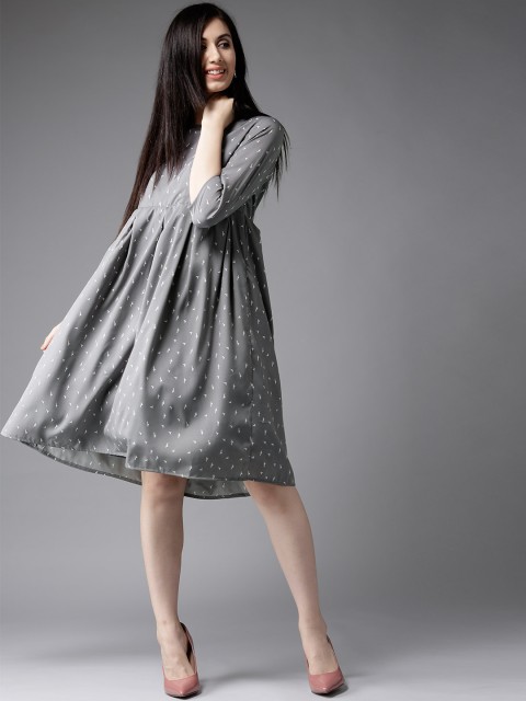 

HERE&NOW Women Grey Printed A-Line Dress
