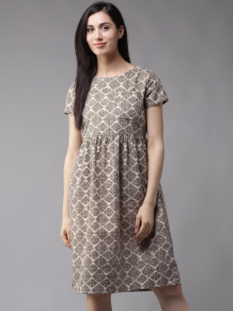 

HERE&NOW Women Beige & Charcoal Grey Printed A-Line Dress