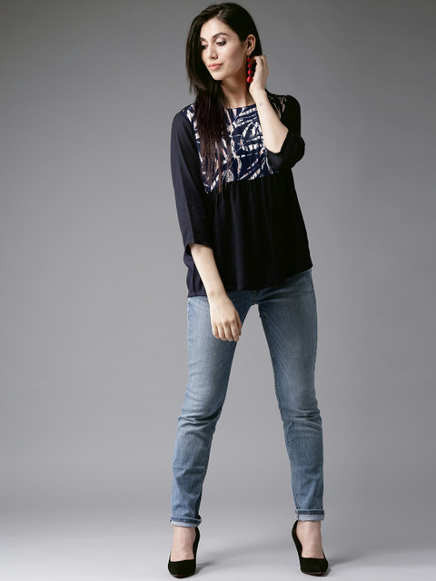 

HERE&NOW Women Navy Blue Printed Styled Back Top