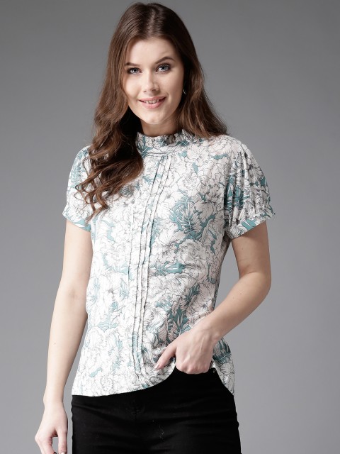 

HERE&NOW Women White & Blue Floral Print Pure Cotton Top