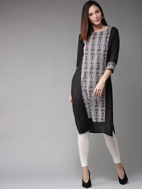 

HERE&NOW Women Black Printed Straight Kurta