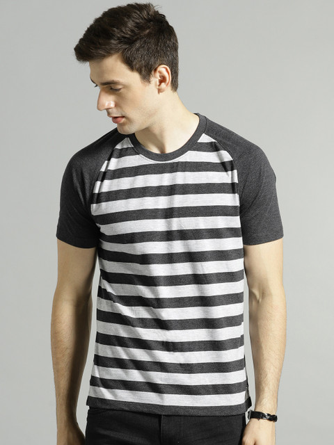 

Roadster Men Charcoal Grey Striped Round Neck T-shirt