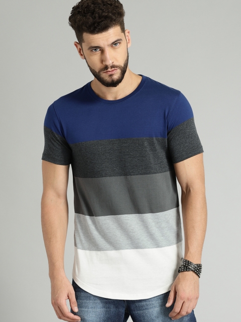 

Roadster Men Grey & Blue Striped Round Neck T-shirt, Charcoal