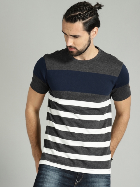 

Roadster Men Charcoal Grey & White Striped Round Neck T-shirt
