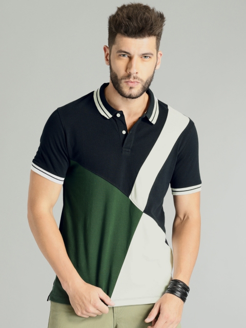 

Roadster Men Navy & Green Colourblocked Polo Collar T-shirt, Navy blue