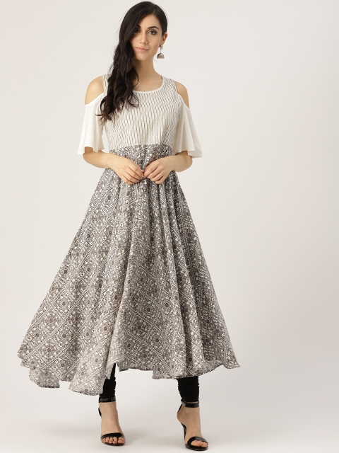 

IMARA Women Off-White & Black Printed Cold Shoulder Anarkali Kurta