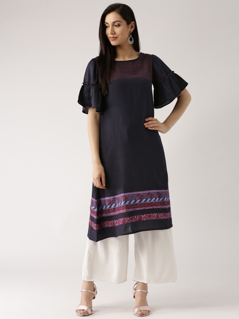 

IMARA Women Navy Solid A-Line Kurta, Navy blue