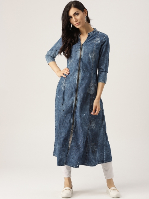 

IMARA Women Blue Printed Denim A-Line Kurta