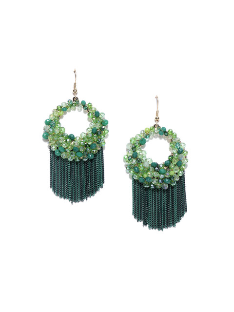 

YouBella Green Circular Stone-Studded Tasselled Earrings