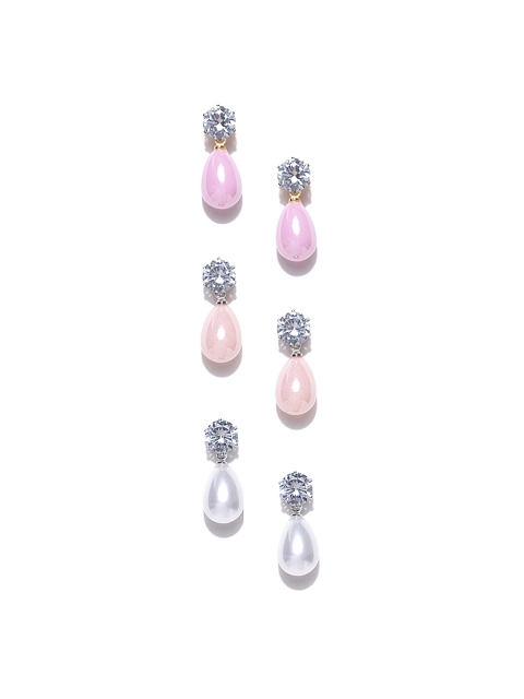 

YouBella Set of 3 Teardrop Shaped Beaded Drop Earrings, Pink