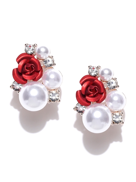 

YouBella Off-White & Red Floral Beaded Oversized Stone Studs