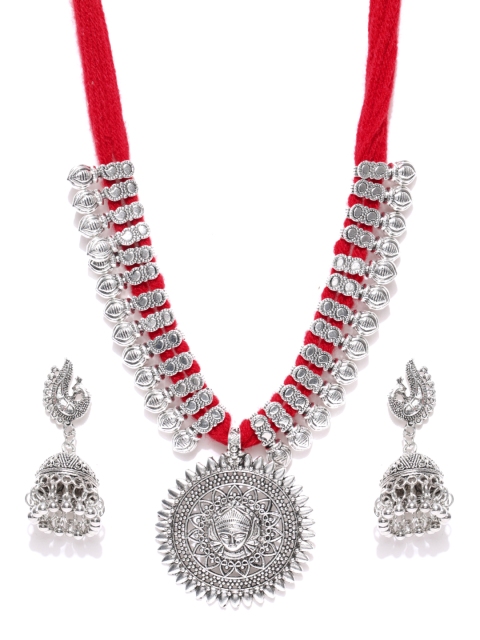 

YouBella Oxidised Silver-Toned & Red Textured Jewellery Set