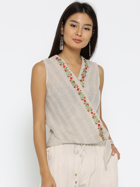 

Fusion Beats Women Grey Striped Wrap Top