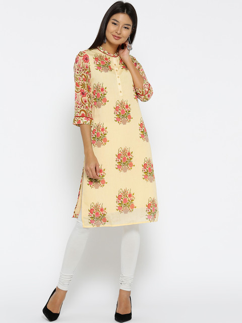 

Fusion Beats Women Beige & Pink Printed Straight Kurta
