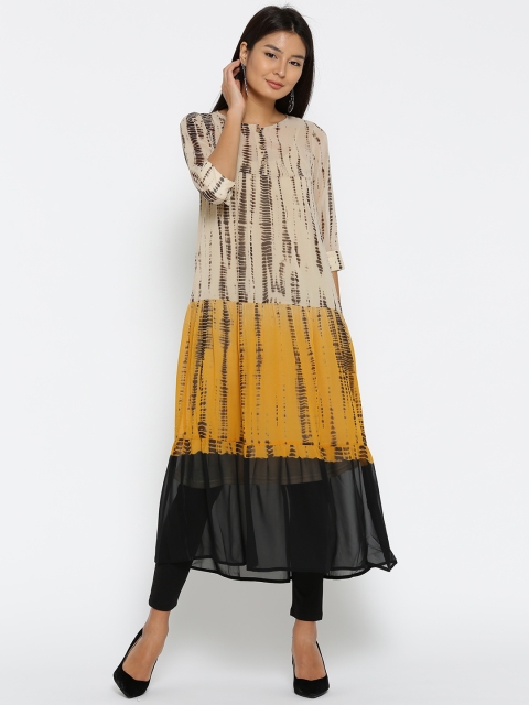 

Fusion Beats Women Beige & Mustard Yellow Dyed A-Line Kurta