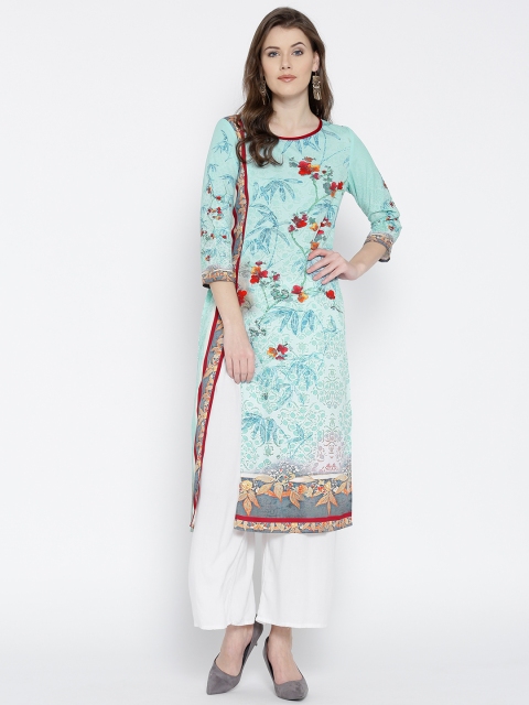 

Fusion Beats Women Sea Blue Printed Straight Kurta