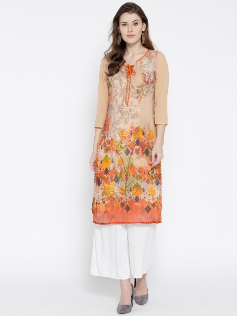 

Fusion Beats Women Beige & Orange Printed Straight Kurta
