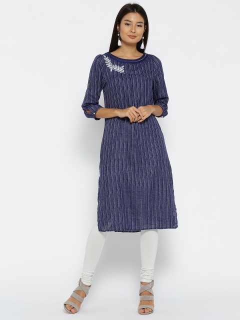 

Fusion Beats Women Navy Blue Striped Straight Kurta