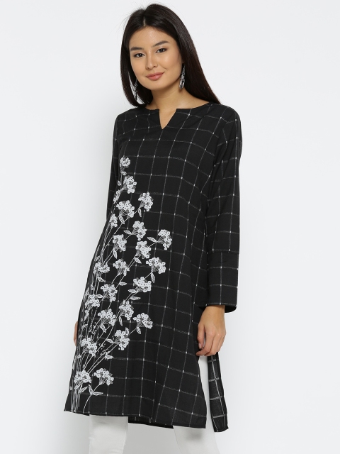 

Fusion Beats Women Black & White Printed Checked Straight Kurta