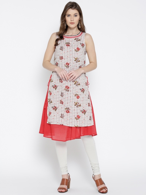 

Fusion Beats Women Off-White & Red Print Checked Layered A-Line Kurta